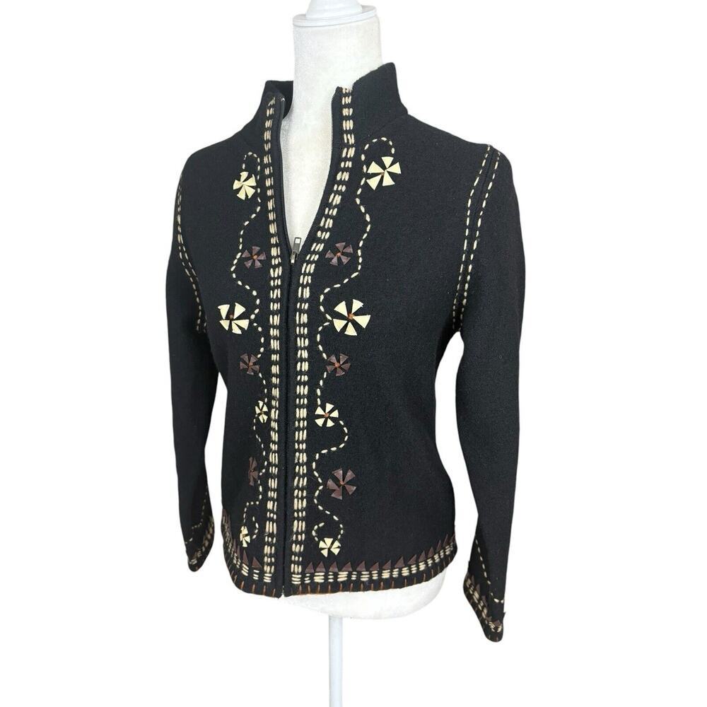 Lauren Hansen Sweater Womens S Black Wool Leather Floral Embroidered Vintage - Picture 7 of 14
